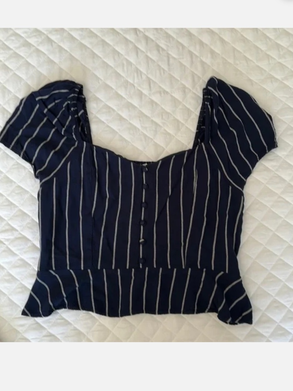American Eagle navy and white striped peplum button front crop top
